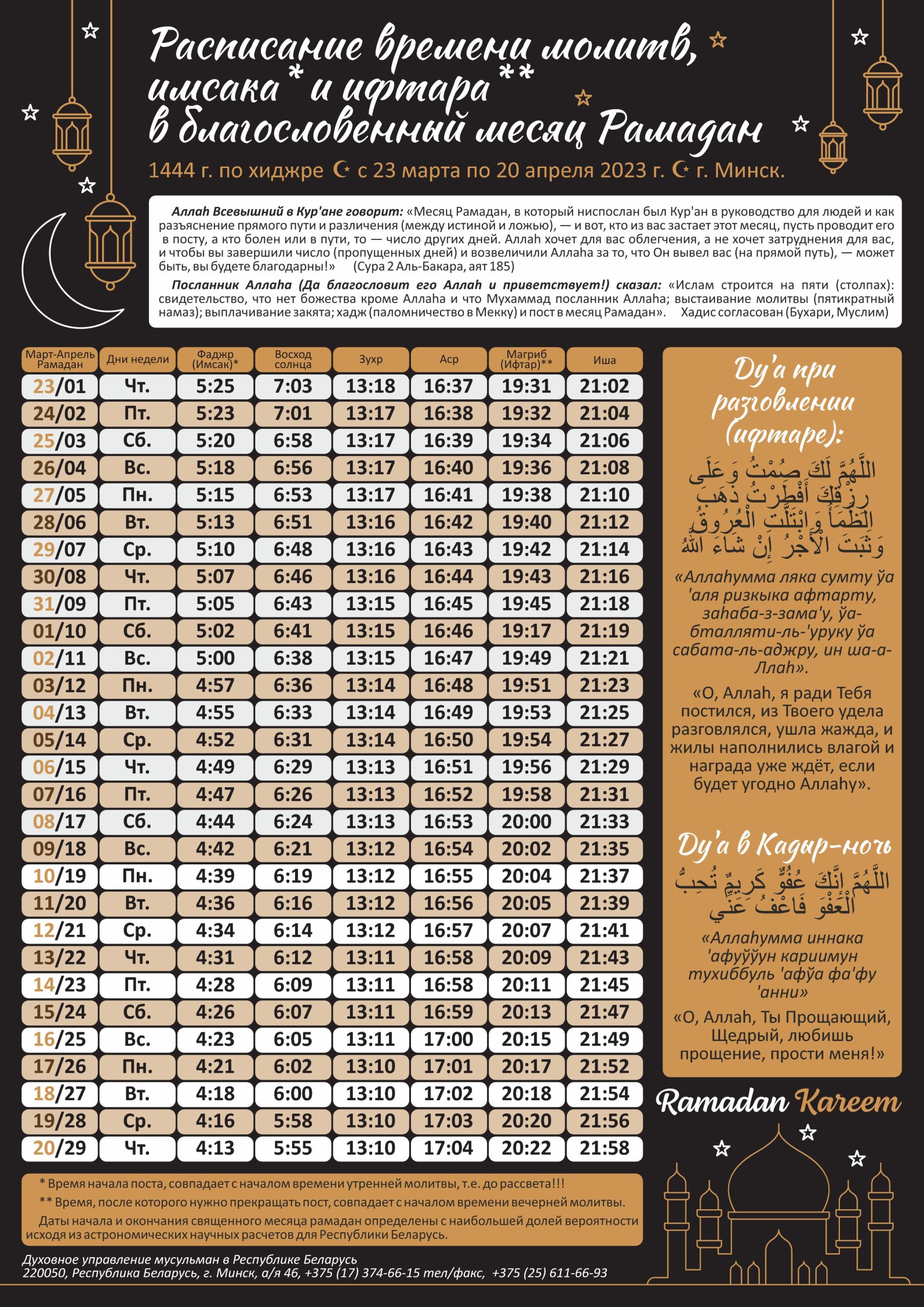 Расписание намазов на Рамадан 2023 года